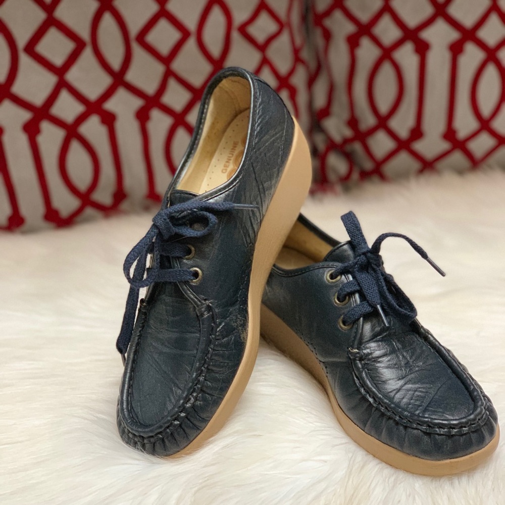 SAS Handsewn Navy Blue Moc Toe Wedge Oxford